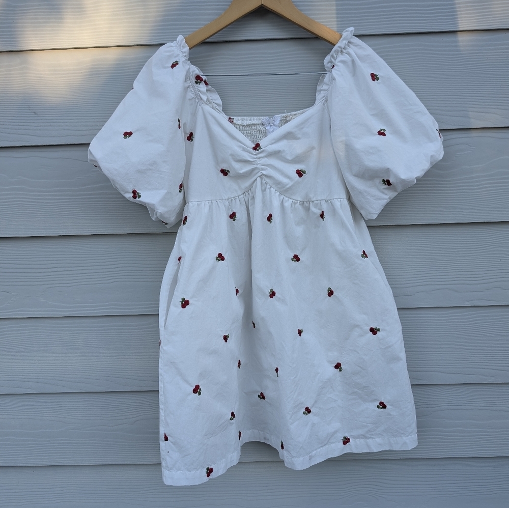 Altar'd State Dress Size S Cherry Poplin White Puffy Sleeves Midi Lined Fairy